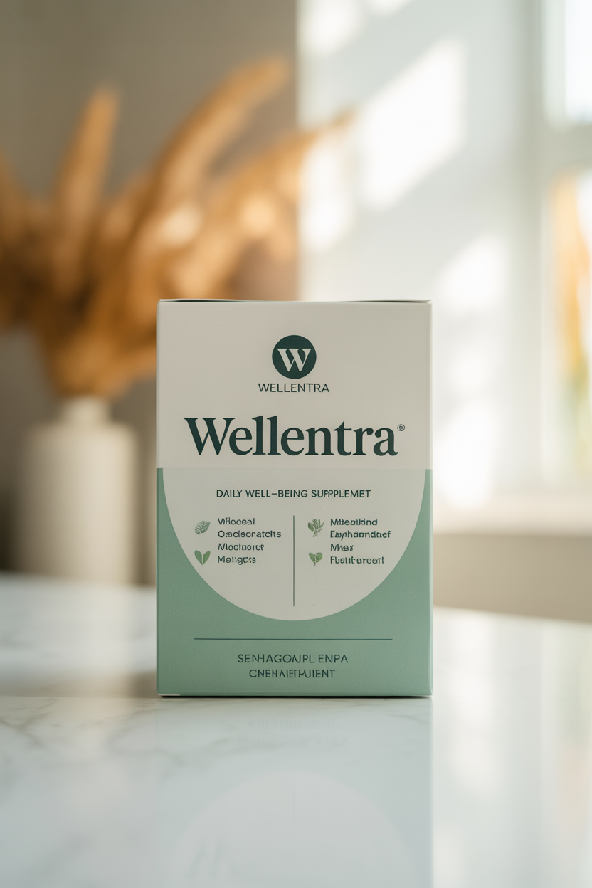Wellentra product pack showing daily well-being supplement